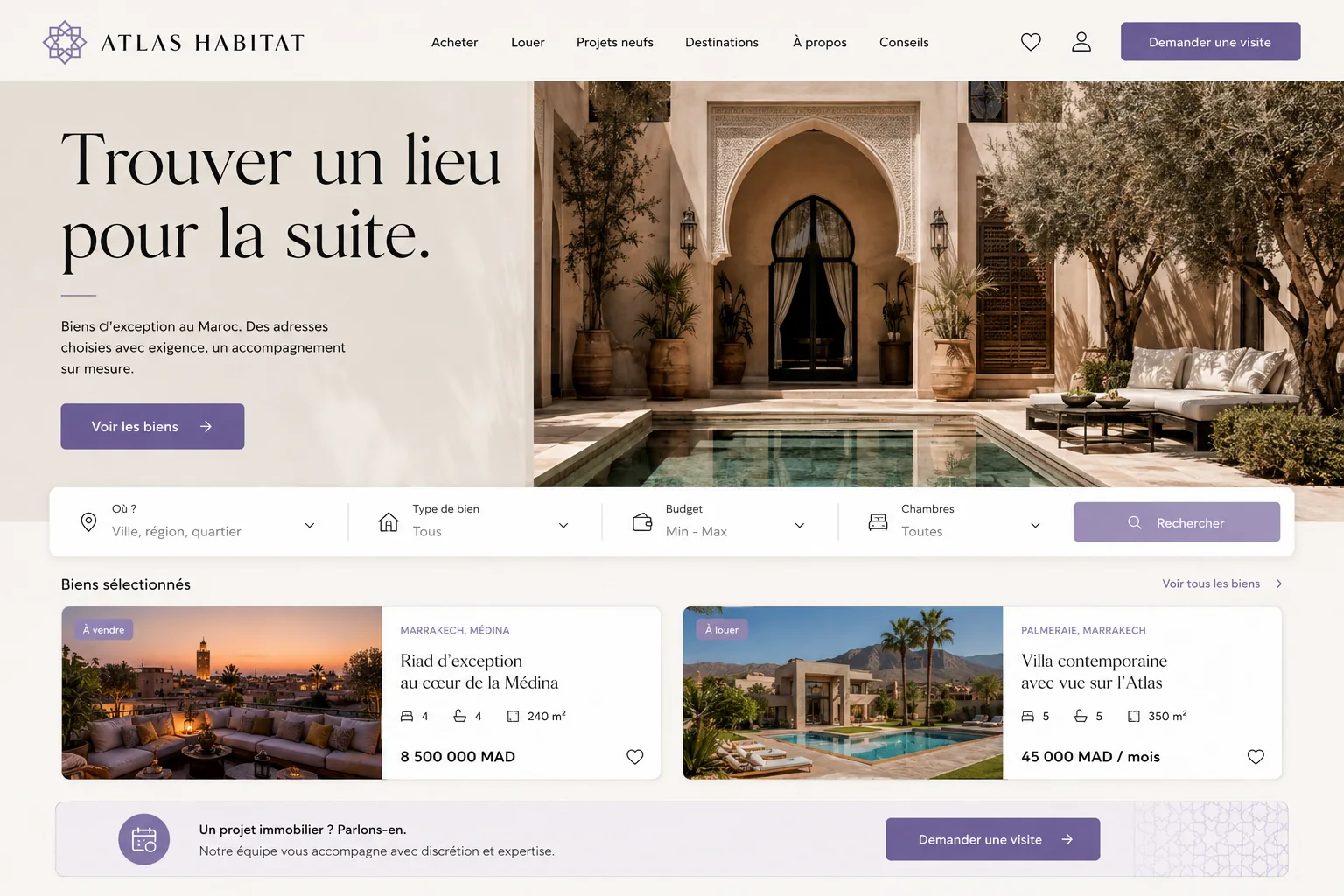 Concept d’interface pour un site immobilier Atlas Habitat