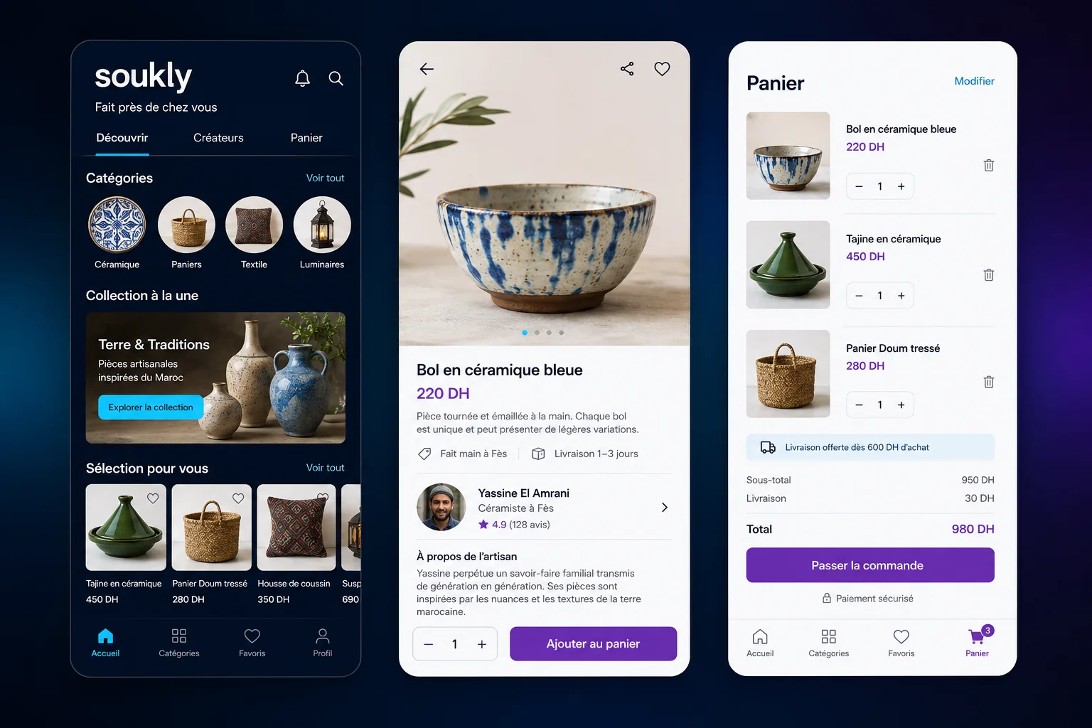 Concept d'interface pour une application mobile de produits artisanaux